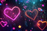 Glowing neon hearts and stars float against dark cosmic background with sparkles and light streaks creating romantic atmospheric Valentine's day composition.