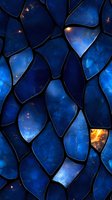 Cosmic stained glass pattern in deep blue and gold with galaxy fragments and nebula elements creates mysterious mosaic effect for decorative backgrounds.