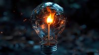 Glowing light bulb with fiery flame inside against dark blue bokeh background representing innovation, creativity and bright ideas for business concepts.