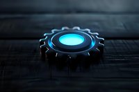 Glowing blue gear mechanism on dark wooden surface creates futuristic industrial atmosphere with dramatic lighting and technological concept.