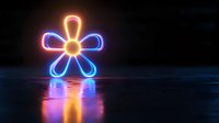 Glowing neon flower shape with orange center and blue petals reflecting on dark wet surface creates atmospheric lighting effect with vibrant colors.