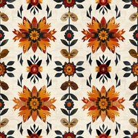 Seamless folk art floral pattern with orange sunflower blooms and black leaves on cream background. Repeating vintage botanical design for fabric and wallpaper.