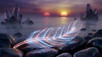 Glowing feather with light trails resting on rocky shore at sunset with dramatic sky and ocean waves in background.