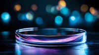 Futuristic glass platform with neon lighting effects and bokeh background for product display and presentation design.