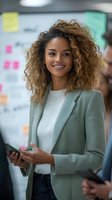Young mixed race businesswoman with curly hair smiling confidently while holding smartphone in modern office, wearing mint blazer and white top against background with sticky notes.
