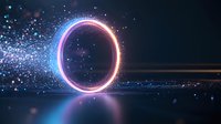 Glowing neon circle with blue and pink light effects floating over reflective surface amid sparkling particles in dark space, futuristic portal design.
