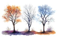 Seasonal trees watercolor landscape showing autumn, winter and spring transitions with bare branches and colorful foliage against soft gradient ground.