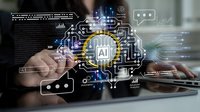 Professional using laptop with AI artificial intelligence interface displaying digital icons, charts and data visualization for modern technology solutions.