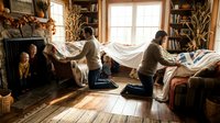 Family making beds together in cozy rustic cabin bedroom with fireplace and wooden furniture during morning routine.