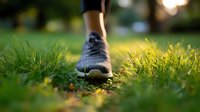 Athletic shoe on green grass at sunset with golden sunlight shining through blades, close-up view capturing morning exercise and wellness lifestyle moment.