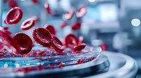 Red blood cells floating in plasma on laboratory petri dish, macro photography with selective focus and bokeh effect in medical research environment.