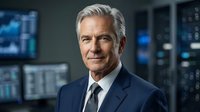 Senior male executive with gray hair and light skin tone wearing dark business suit and tie, positioned in modern tech office environment with digital screens and data displays in background for corporate leadership and business professional concepts.