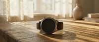 Luxury smartwatch with black leather strap on wooden table in warm sunlight. Modern wearable technology for fitness tracking and connectivity.