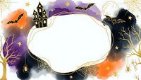 Halloween watercolor frame with spooky castle, bats, spider webs, moon and stars on white background for party invitations and seasonal designs.