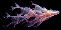 Abstract translucent sea slug in purple and orange hues against black background, showcasing delicate branching structures and ethereal organic form.