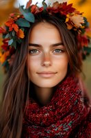Young Caucasian woman with freckles wearing autumn leaf crown and knitted scarf. Close up portrait with soft bokeh background showing natural makeup and blue eyes.