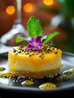 Passion fruit cheesecake slice garnished with fresh mint leaf and edible purple flower on dark plate. Golden tropical fruit topping and cookie crust create elegant dessert.