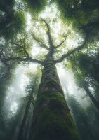 Majestic ancient tree trunk covered in moss stretches upward through misty forest canopy with ethereal sunlight filtering through green leaves.