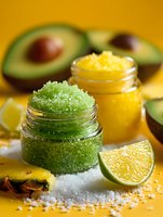 Fresh homemade avocado and citrus body scrubs in glass jars with lime slices and sea salt on vibrant yellow background for natural skincare routine.