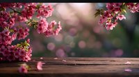 Pink cherry blossoms hanging over rustic wooden surface with soft bokeh background, falling petals create romantic spring atmosphere for product display.