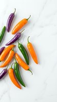 Colorful orange, green, and purple hot chili peppers scattered on a white marble surface, copy space for food blog or recipe design.