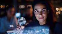 Young Caucasian businesswoman examining digital data through magnifying glass, night office setting with blue technology interface and bokeh lights background.