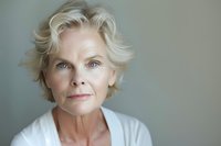 Elegant mature woman with blonde hair and striking blue eyes wearing white against neutral background, natural beauty portrait showcasing graceful aging.