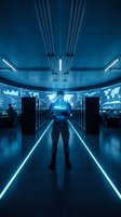 Military officer in futuristic data center holding glowing tablet, surrounded by server racks and world map screens in blue neon light.