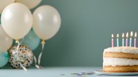 Birthday cake with lit candles and white balloons on mint green background, festive party celebration setup with copy space for text or design elements.