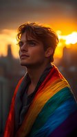 Young man wrapped in rainbow flag gazing at sunset over city skyline, warm golden light illuminating profile against dramatic orange sky. Pride concept.