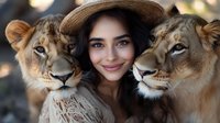Young Asian woman in brown hat smiling between two lionesses, close-up portrait with wild animals showing harmony between human and nature in warm tones.