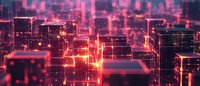 Futuristic digital cityscape with glowing red neon lights and geometric buildings creating abstract urban network pattern. Modern technology concept background.