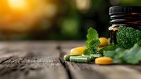 Green supplements and vitamins with fresh mint leaves on rustic wooden table in morning sunlight, wellness and natural health concept.