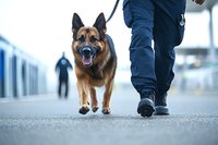 German Shepherd dog walking with police officer on patrol, low angle view showing canine in motion with blurred background and security personnel.