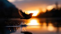 Young bird taking off from calm water surface at golden sunrise, with splashing droplets and warm sunlight reflecting on lake, suitable for nature, wildlife, and inspirational themes.