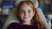 Young caucasian girl with red braided hair and bright blue eyes wearing purple knit sweater smiles warmly at camera while sitting in medical chair during dental checkup.