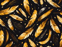 Elegant golden and black feathers seamless pattern perfect for luxury packaging, textile design, and premium wallpaper. Modern bohemian style with metallic accents on dark background.