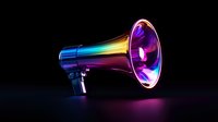 Rainbow colored metallic megaphone on dark background with neon purple glow reflection, modern communication and announcement concept for marketing and promotion.