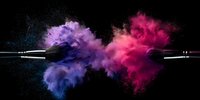 Vibrant explosion of pink and purple powder colliding in mid-air against black background, creating dynamic cloud of colorful dust particles.