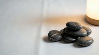 Smooth black stones arranged on white surface with warm candle glow in background, conveying relaxation and spa wellness for meditation and therapeutic design use.