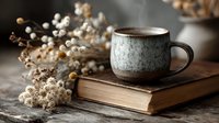 Ceramic coffee mug on vintage book with dried flowers on rustic wooden table. Cozy morning scene for cafes, reading nooks, and hygge lifestyle concepts.