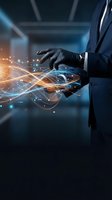 Businessman in suit using tablet with glowing digital network connections and data streams for modern technology and business innovation concepts.