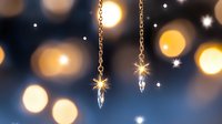 Sparkling crystal pendants on golden chains against blurred festive lights background create magical holiday atmosphere. Elegant Christmas decor elements.