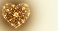 Golden glowing heart made of intricate light patterns on warm beige background for romantic designs, wedding invitations and love concepts.