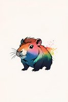 Colorful rainbow hamster with watercolor splash effect on white isolated background, cute cartoon character design for children's books and merchandise.