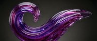 Glossy purple and violet glass wave sculpture with swirling curves, reflecting light on dark background, for art and design projects.