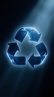 Glowing blue recycling symbol with cosmic starfield pattern on dark background for environmental sustainability and green energy concepts.