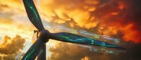 Futuristic wind turbine with holographic interface against dramatic sunset sky. Clean energy technology concept for renewable power generation and sustainability.