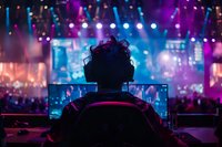 Silhouette of DJ performing at nightclub with vibrant purple and blue stage lights, electronic music equipment and blurred concert crowd in background.