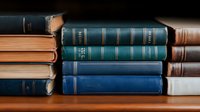 Stack of vintage hardcover books with blue and teal bindings on wooden shelf, creating nostalgic academic atmosphere for education, literature and library concepts.